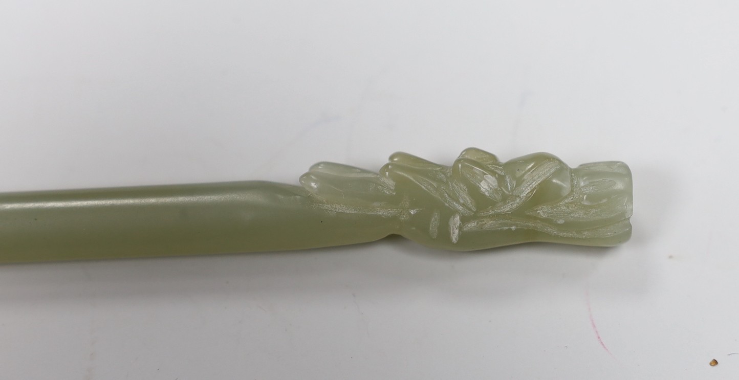 A Chinese jade hairpin, 21cm, a hardstone plaque, and an alabaster bowl